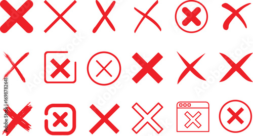 Red Cross Mark Icon Set in Various Styles. Vector Collection of Red X Marks for Wrong Answer and Close Icons. Set of Red X Symbols, Icons, and Buttons.