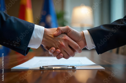 Business handshake. International agreement. Diplomatic meeting. Partnership deal. Political negotiation.