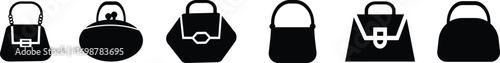 Black handbag icon set, purse and bag vector collection in flat style, minimalist fashion accessory group, modern silhouette symbols pack, elegant women bags synonym design