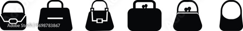 Black handbag icon set, purse and bag vector collection in flat style, minimalist fashion accessory group, modern silhouette symbols pack, elegant women bags synonym design