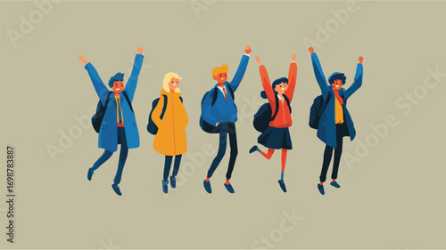 Minimal flat illustration of happy school children in uniforms going back to school with backpacks