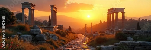 Serene scene of ancient Roman ruins bathed in the golden light of dawn, perfect for meditation and mindfulness A peaceful escape to a historical past , columns, wallpaper, sunlight