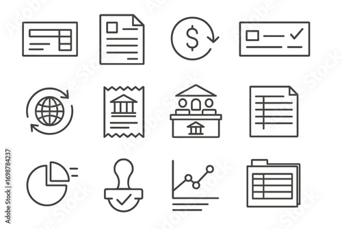 Bank Transactions Icons. Line style icons of bank transactions: deposit slip icon, statement with transaction lines, account debit