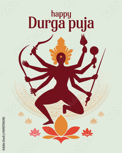 Happy Durga Puja Silhouette with Lotus Border Design
