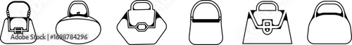 Black handbag icon set, purse and bag vector collection in line style, minimalist fashion accessory group, modern silhouette symbols pack, elegant women bags synonym design