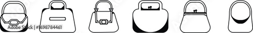 Black handbag icon set, purse and bag vector collection in line style, minimalist fashion accessory group, modern silhouette symbols pack, elegant women bags synonym design