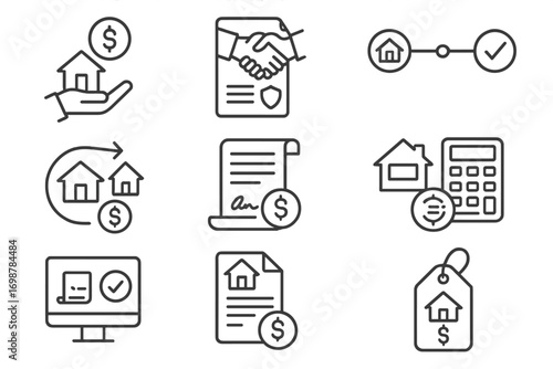 Real Estate Transaction Icons. Line style icons of real estate transactions: property sale payment icon, escrow agreement file,