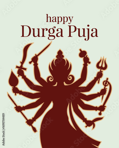 Happy Durga Puja Silhouette with Lotus Border Design