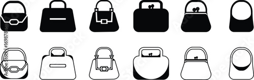 Black handbag icon set, purse and bag vector collection in flat and line style, minimalist fashion accessory group, modern silhouette symbols pack, elegant women bags synonym design