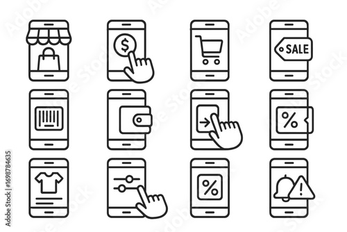 Mobile Shopping Icons. Line style icons of mobile sales: phone with shopping app, tap to purchase icon, mobile cart screen, app