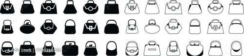 Black handbag icon set, purse and bag vector collection in flat and line style, minimalist fashion accessory group, modern silhouette symbols pack, elegant women bags synonym design