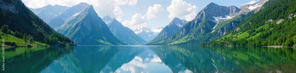 Fototapeta premium Serene mountain lake reflecting the majestic peaks, surrounded by lush greenery and tranquil waters Perfect for travel, nature, and landscape projects , pure, reflection, scenic