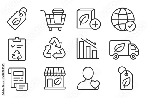 Eco-Friendly Shopping Icons. Line style icons of environmentally-conscious purchases: eco-label tag, reusable product cart, green