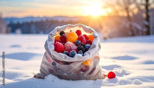 Fototapeta Naklejka Na Ścianę i Meble -  Frozen fruits in a bag on snow at sunset