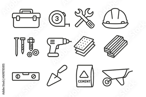 Construction Tools Icons. Line style icons of construction supplies: toolbox icon, tape measure, wrench and screwdriver, safety