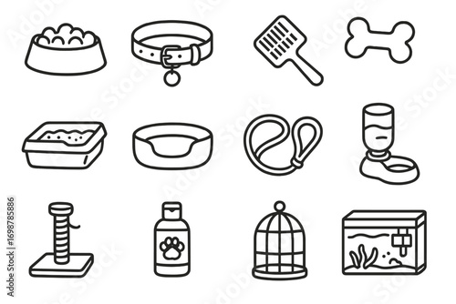 Pet Supply Icons. Line style icons of pet supplies: food bowl with kibble, collar with tag, grooming brush, chew toy; litter box,