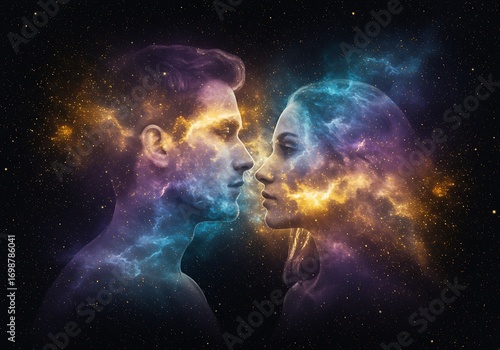 Loving couple with cosmic energy connecting them in the vast universe