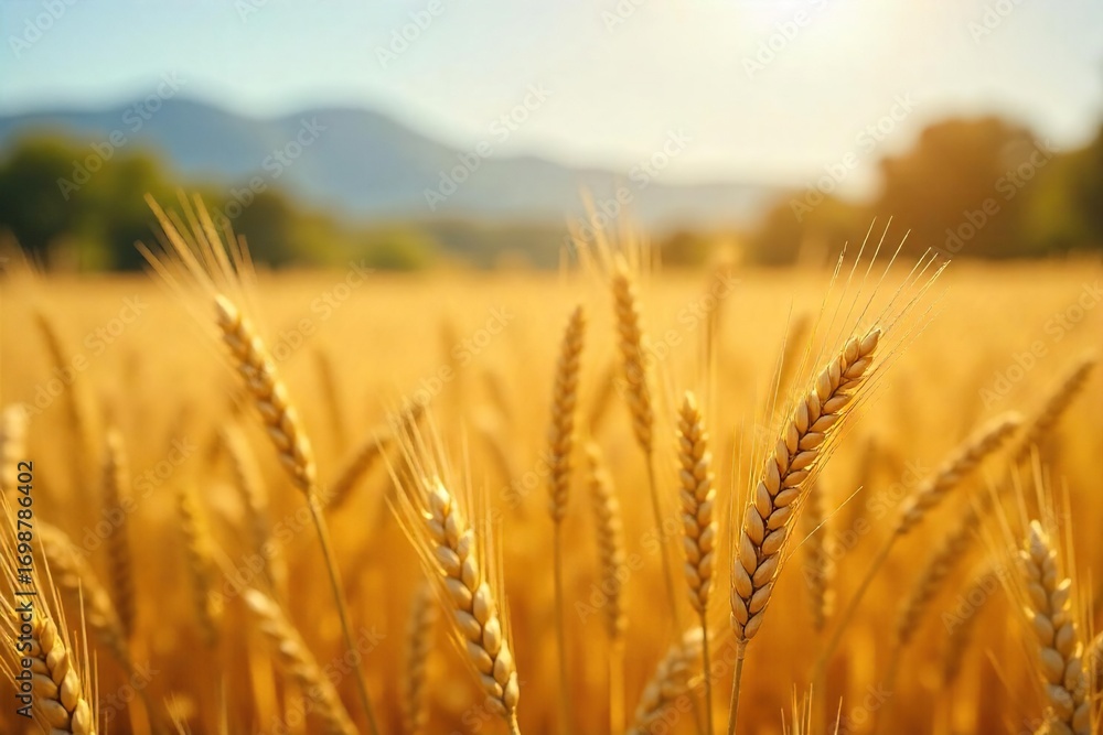 Fototapeta premium Golden wheat field ripe for harvest, sunlit stalks swaying gently in the breeze Abundant crop, rich color, rural landscape, autumnal scene , grain field, sun