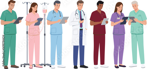 Medical professionals in scrubs and lab coats illustration, healthcare team of doctors and nurses with tablets, clipboards, and IV stand, vector concept.