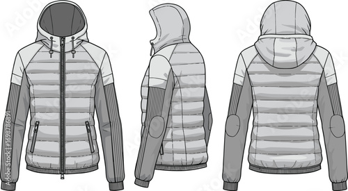 Men’s puffer jacket with hoodie technical flat sketch, front, side, and back view, vector fashion illustration for winter outerwear garment design.