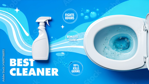 White spray bottle beside toilet bowl with blue water cleaner