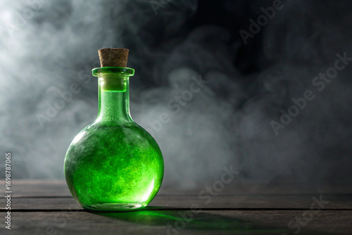 Green potion bottle magical elixir witchcraft brew poison liquid vial fantasy alchemist glassware smoke background
