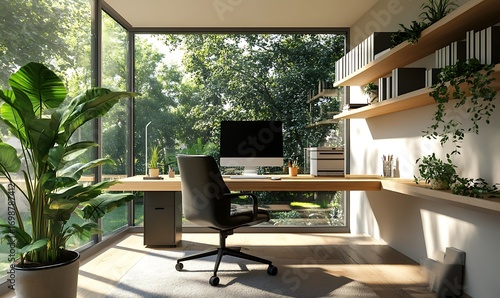 Bright and airy home office with lush greenery and modern design elements