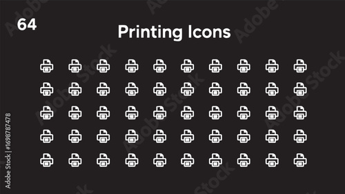 A set of 64 thin line icons arranged in a grid format, labeled PRINTING ICONS in white text on a dark gray background in the top portion