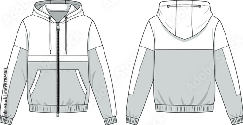Men's hoodie zip-up jacket vector flat sketch, front and back view, casual streetwear fashion design template for clothing design and illustration.