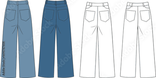 Back view wide leg denim jeans fashion flat sketch, technical illustration of women’s pants, vector template for apparel design presentation.