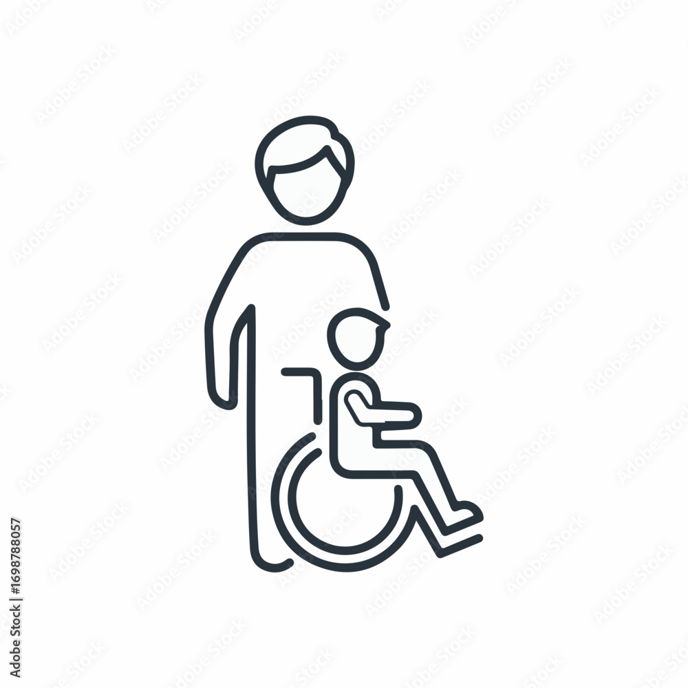 Obraz premium Depicting disability care with a linear icon symbolizing assistance and support. Disability care representation shows father with child in wheelchair, showcasing help and devotion.