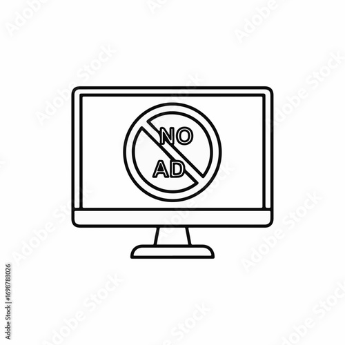 No ads sign on computer monitor displays symbol for blocked content and ad free experience. Monitor shows no ads restriction to avoid advertising on your device, making it convenient and fast.