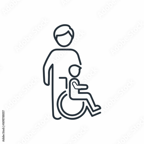 Depicting disability care with a linear icon symbolizing assistance and support. Disability care representation shows father with child in wheelchair, showcasing help and devotion.