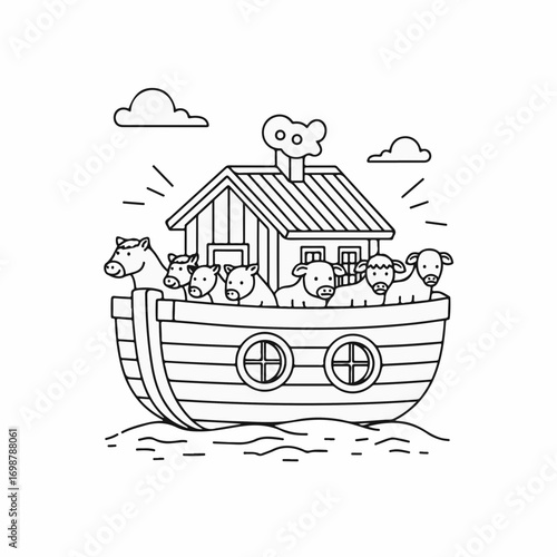 Noah's Ark illustration of biblical ship with animals in outline style. Noah's Ark is a symbol of hope and salvation depicted in story and illustrations.