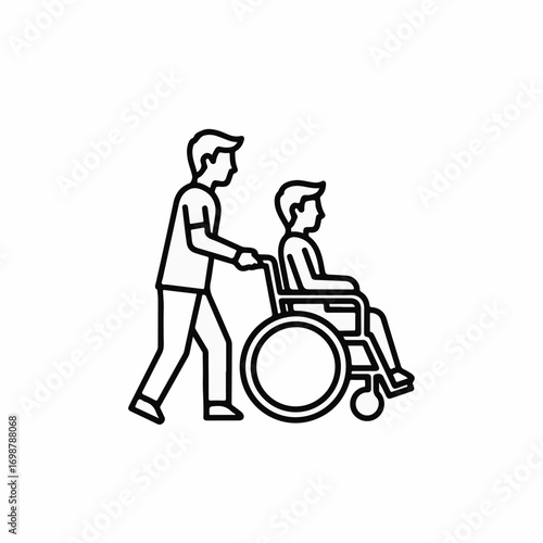 Person pushing wheelchair with patient depicted in line drawing style. Wheelchair assistance shows man pushing another man in wheelchair. Wheelchair assistance includes healthcare and support.