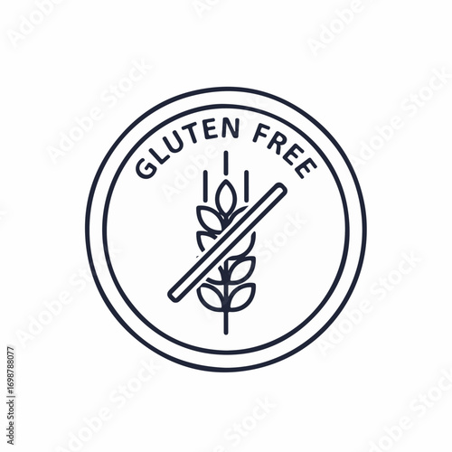 Gluten free symbol in a circle, indicating dietary restrictions. Gluten free symbol features crossed grain, signifying absence of gluten.