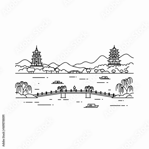 Minimalist scenery illustration showing iconic places with minimalist scenery of bridges and pagodas in monochrome design, minimalist scenery elements in clear artistic vision.