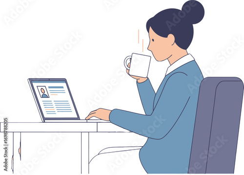 Woman reviewing resume, Coffee break job search, Online job application process, Female candidate selection, Hiring manager reviewing profile