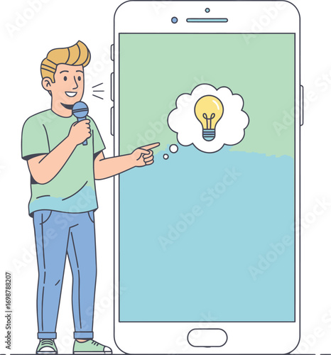 Man Presenting Idea on Smartphone, Mobile App Idea Presentation, Podcast Idea Concept, Smartphone Innovation Illustration, Young Man Sharing Bright Idea