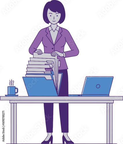 Businesswoman Organizing Files, Office Worker Filing Documents, Woman Managing Paperwork, Professional Filing System, Efficient Office Administration