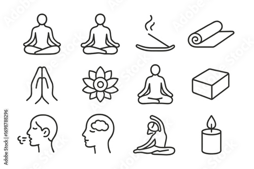 Yoga Icon Collection. Line style icons of yoga and mindfulness: lotus pose, meditation figure, incense holder, yoga mat; folded