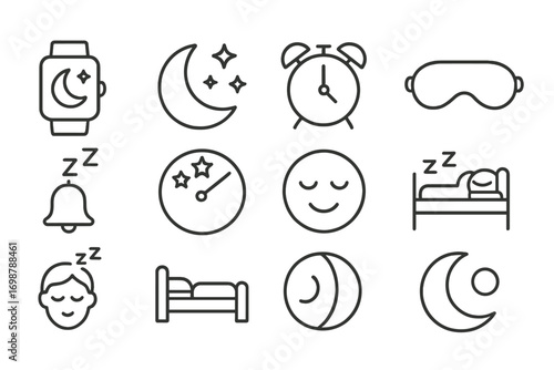 Sleep and Recovery Icons. Line style icons of sleep and recovery tracking: sleep tracker, moon with stars, alarm icon, eye mask;