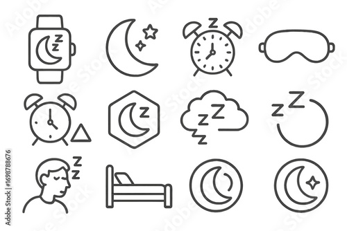 Sleep and Recovery Icons. Line style icons of sleep and recovery tracking: sleep tracker, moon with stars, alarm icon, eye mask;