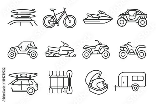 Adventure Vehicle Icons. Line style icons of sports and adventure vehicles: surfboard rack, mountain bike, jet ski, rock crawler;
