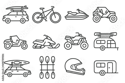 Adventure Vehicle Icons. Line style icons of sports and adventure vehicles: surfboard rack, mountain bike, jet ski, rock crawler;
