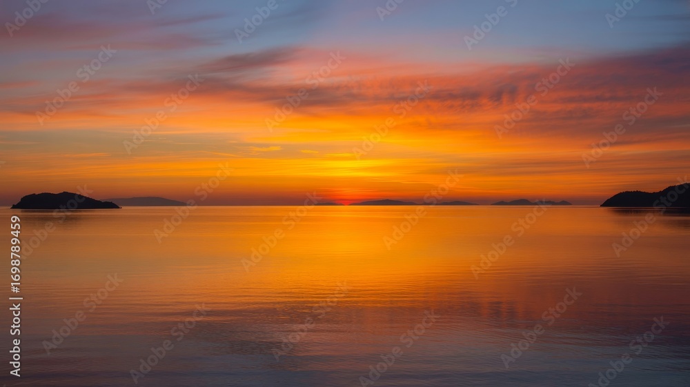 Obraz premium Beautiful sunset over the ocean with orange and yellow colors in the sky