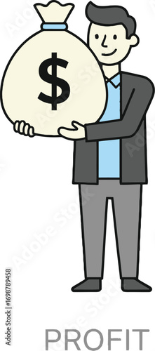 Happy businessman holding money bag, Financial success illustration, Man with money bag profit concept, Businessman holding dollar bag, Wealth and profit concept illustration