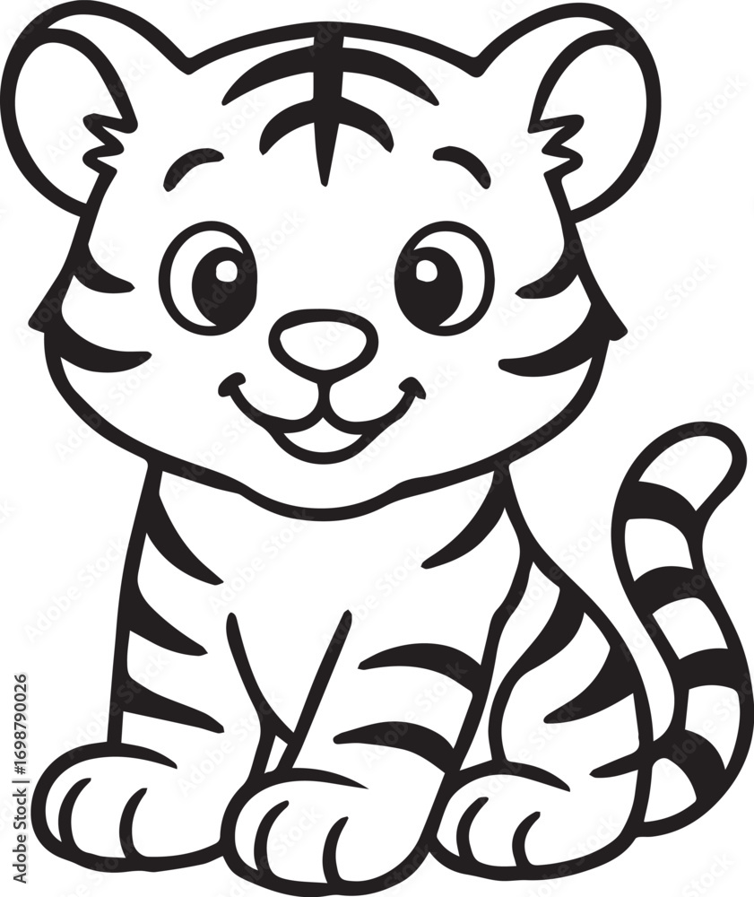 Fototapeta premium Cartoon Baby Tiger Illustration – Black & White Stylized Animal Line Art