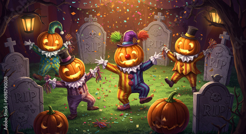 Whimsical halloween graveyard scene with pumpkin characters dancing around
