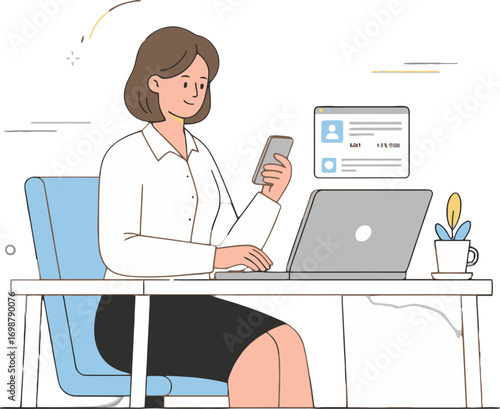 Woman working on laptop and phone, Online job application process, Female professional using technology, Modern businesswoman at desk, Remote worker checking profile